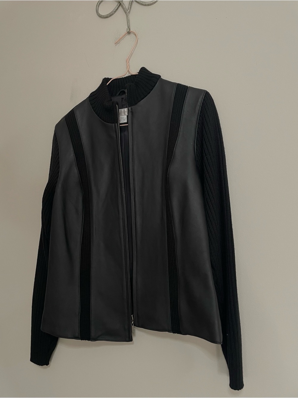Worthington  Black Faux Leather Zip Jacket with Ribbed Sweater Sleeves ~ Size S